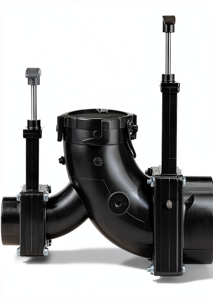 Valterra RV sewer elbow installed on a black RV undercarriage